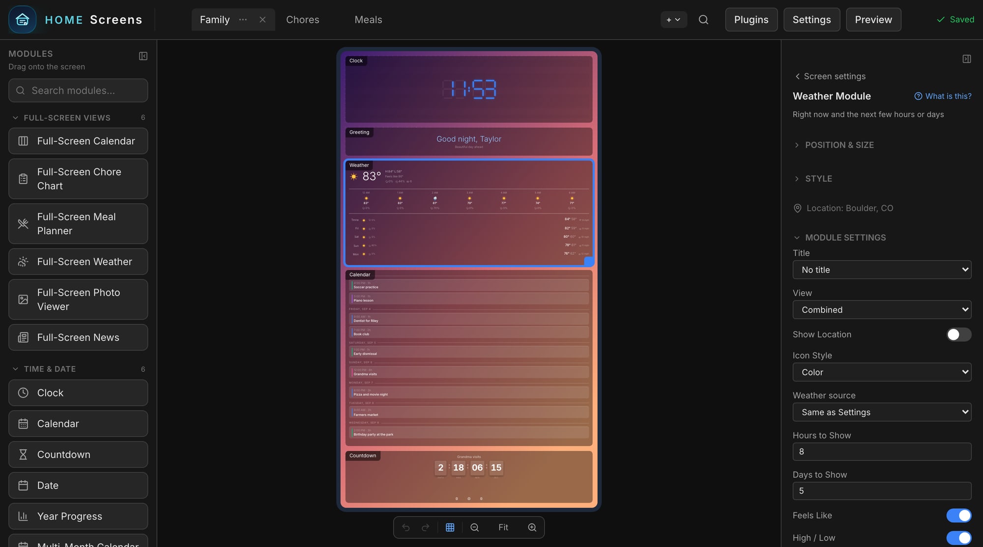 The Home Screens editor: modules on the left, the screen being designed in the middle, and the settings for the selected weather module on the right.