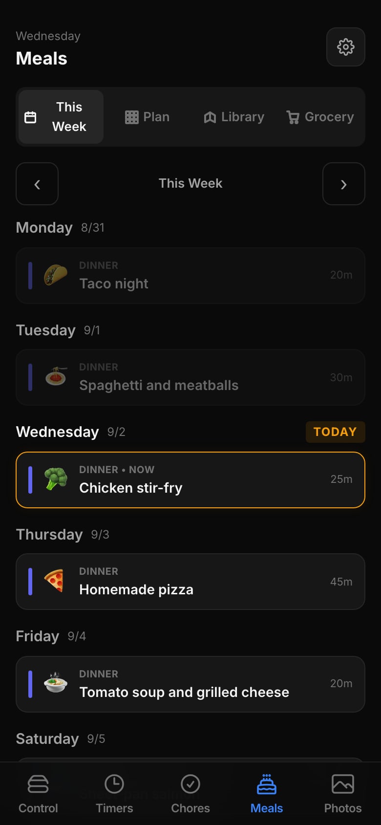 The family remote's Meals tab with this week's dinners.